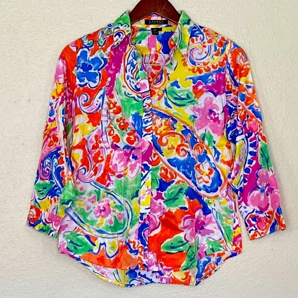 LAUREN RALPH LAUREN | watercolor floral print button down shirt - Picture 1 of 8